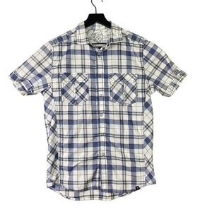 Marc Ecko Men's Short‎ Sleeve Plaid Shirt Size M White Blue Yellow Medium Cotton